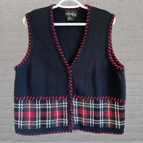 Vintage knit button up sweater vest plaid - Picture 1 of 7